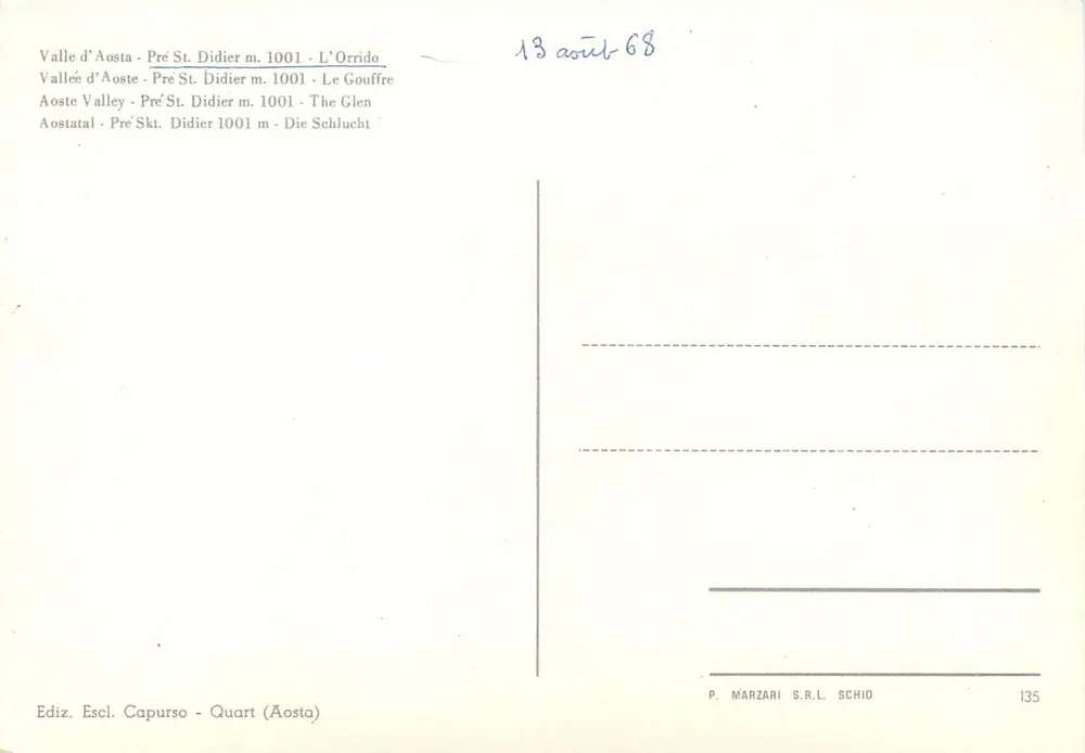 Valle d'Aosta - Pré St. Didier m. 1001 - L'Orrido — P. Marzari S.R.L. Schio n°135 - Verso