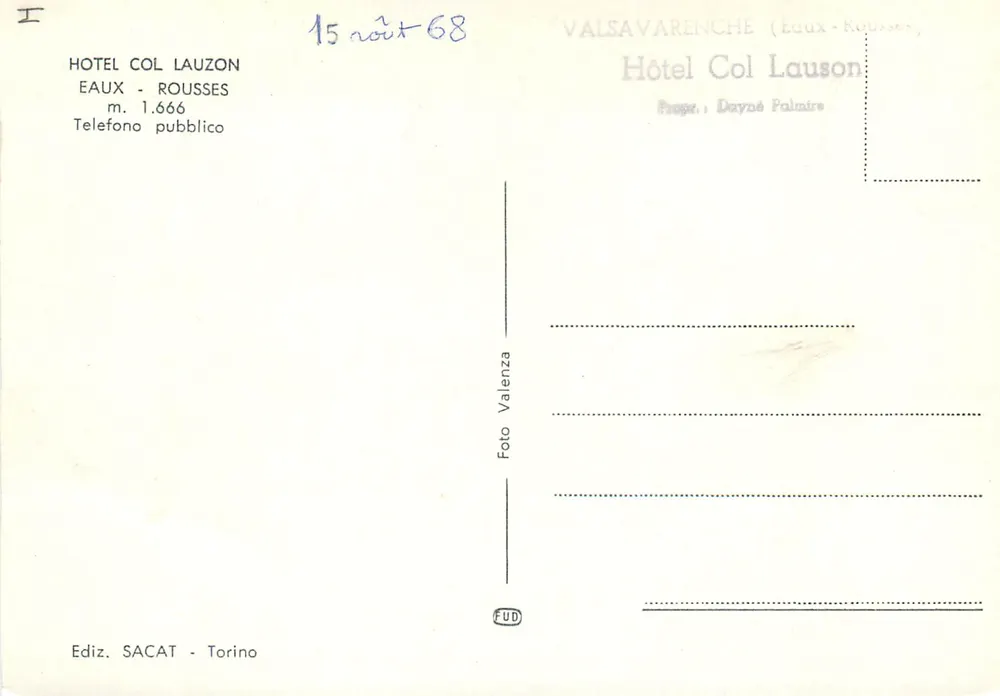 Hôtel Col Lauzon — Col Lauzon m. 3296 — Éditeur SACAT, Torino - Verso