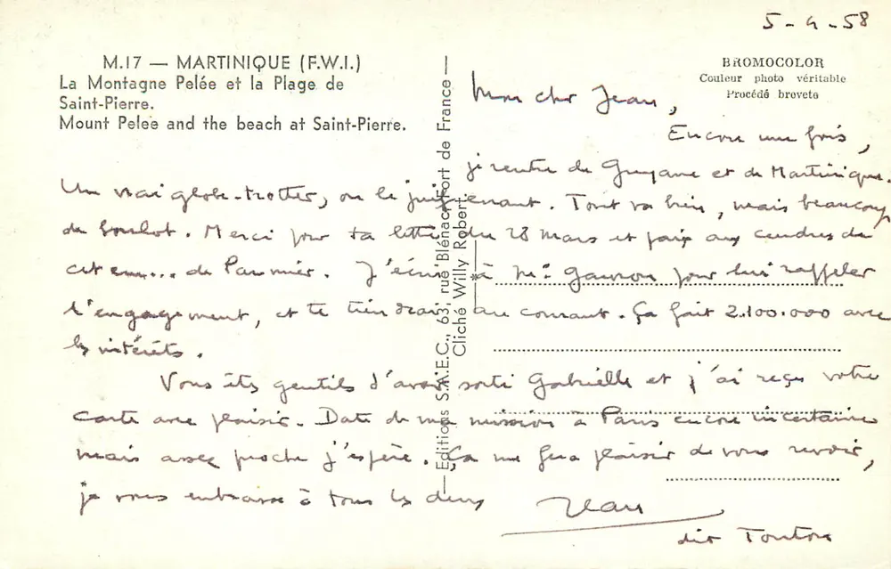 Berg Pelée und Strand von Saint-Pierre — Martinique (F.W.I.) — S.A.E.C. rue Blénac, port de France - Rückseite