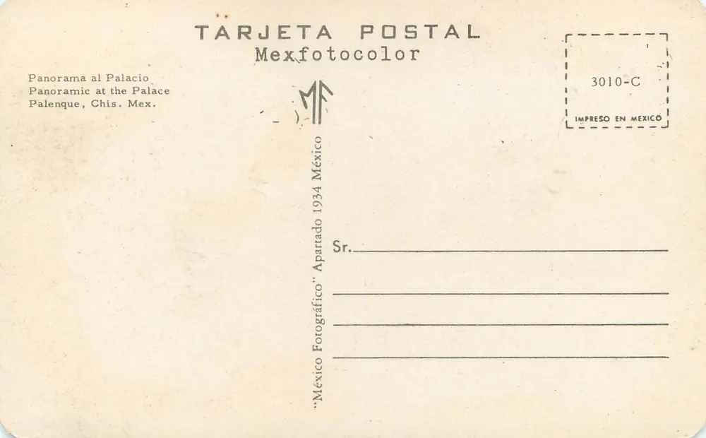 Palenque — Panorama do Palácio — Mexicocolor, México 1934 - Verso