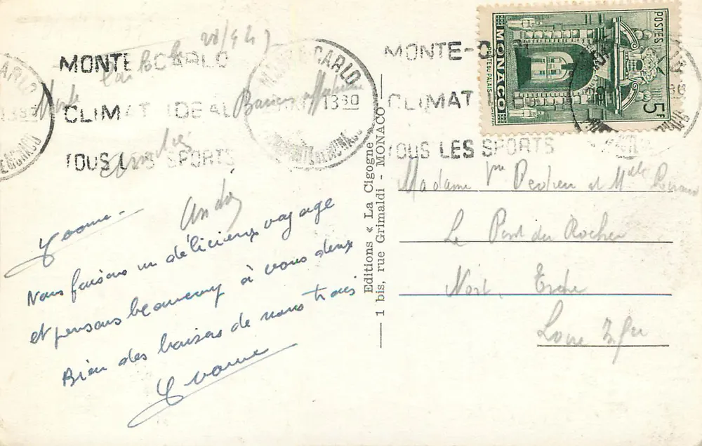 Monte-Carlo — O Casino (Lado Sul) — Edições « La Cigogne » n°1421 - Verso