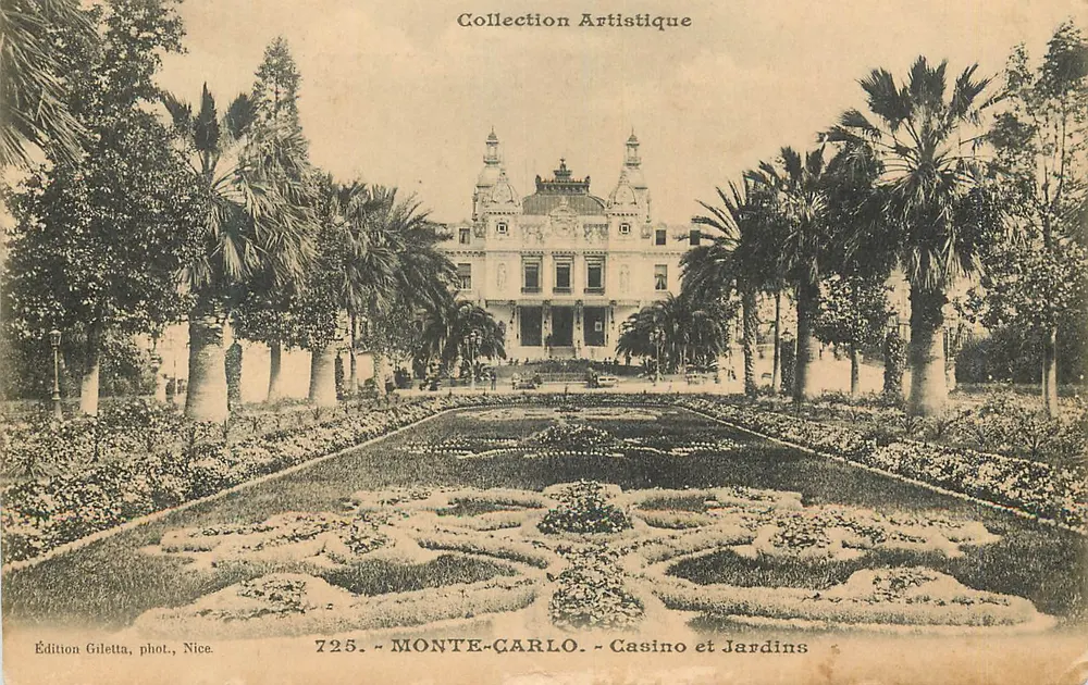 Monte-Carlo - Casino und Gärten — Künstlerische Sammlung, Giletta-Ausgabe, Foto., Nizza, n°725 - Vorderseite