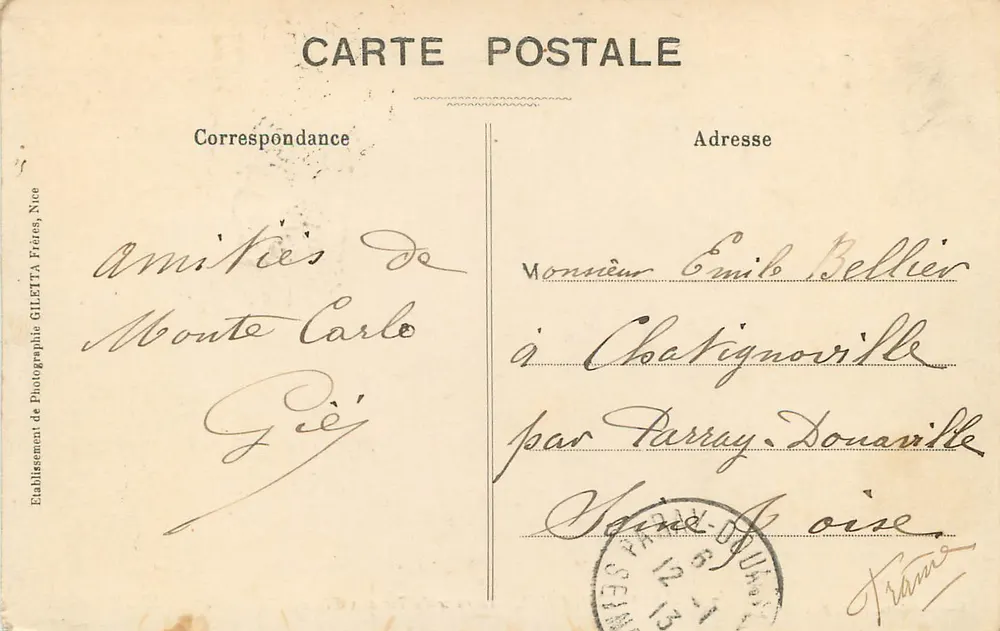 Monte-Carlo - Terrasse des Pfeilschusses — Edition Giletta, phot., Nice, n°749 - Rückseite