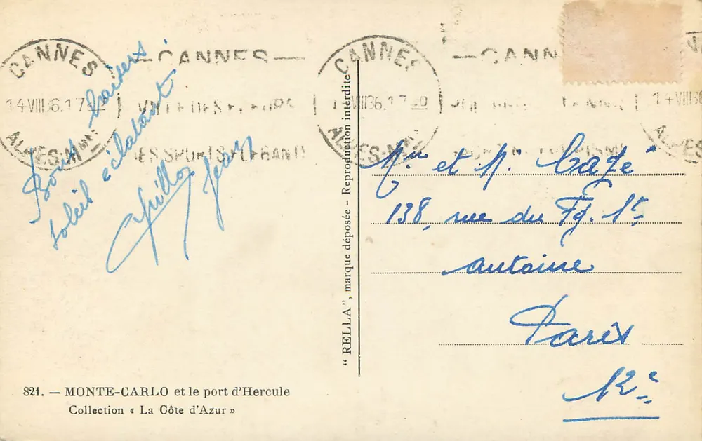 Monte-Carlo und der Hafen von Hercules — Sammlung « La Côte d'Azur » — Verlag Rella, Nr. 821 - Rückseite