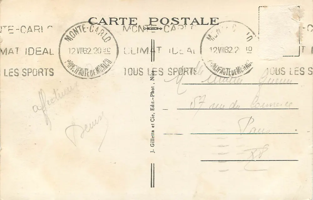 Monte-Carlo — Das Casino und die Gärten — J. Gilletta et Cie, Verlag-Fotograf, Nr. 720 - Rückseite