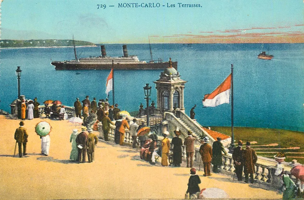 Monte-Carlo - Les Terrasses — vue sur la mer avec un paquebot — édition Giletta, NICE, n° 729 - Recto