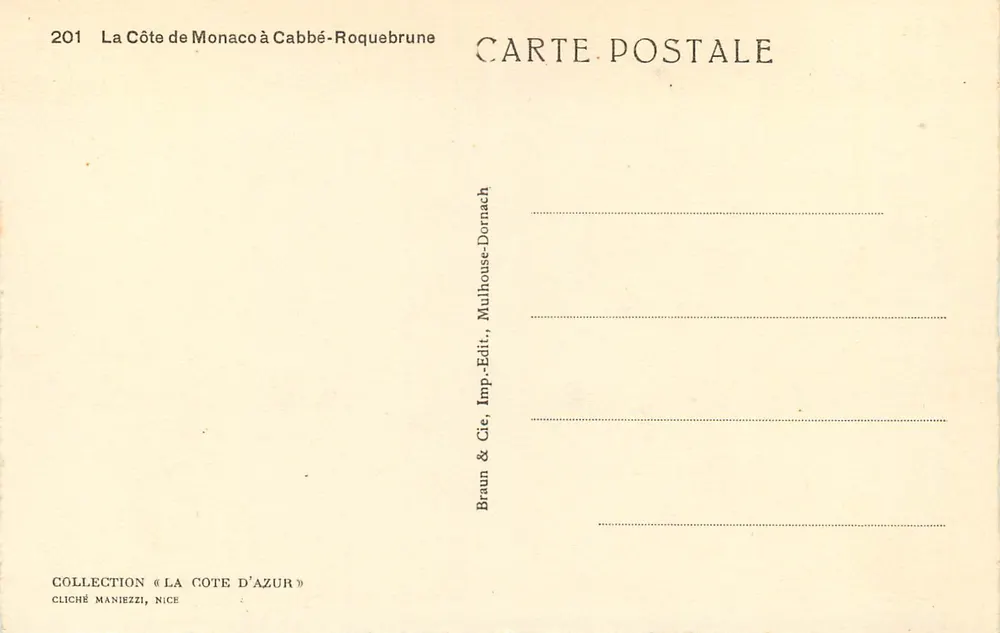 Costa de Mônaco em Cabbé-Roquebrune — Coleção « A Costa da Azur » — Braun & Cie, Imp. Edit. Mulhouse-Dornach - Verso