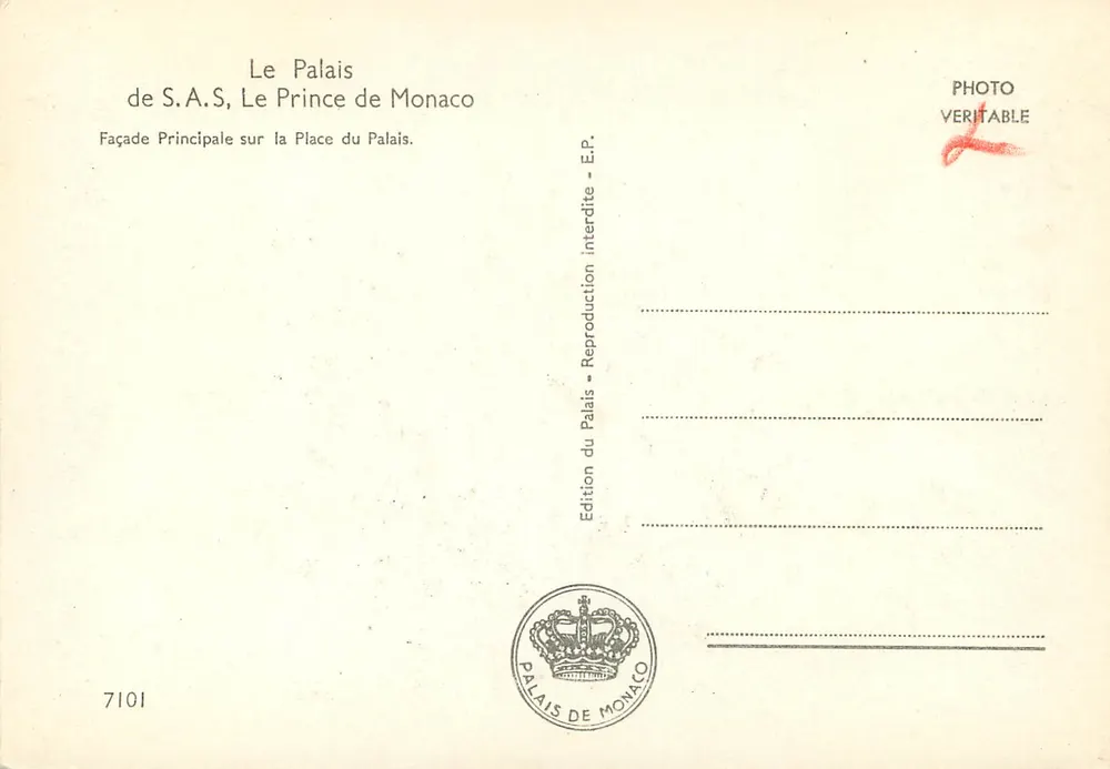 Palast von Monaco — Hauptfassade auf dem Palastplatz — Edition des Palastes von Monaco Nr. 7101 - Rückseite