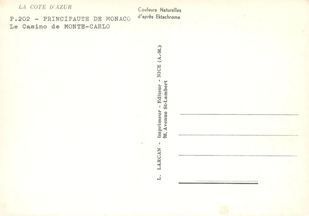O Casino de Monte-Carlo — Principado de Mônaco — L. Larcane, Editor, Nice - Verso