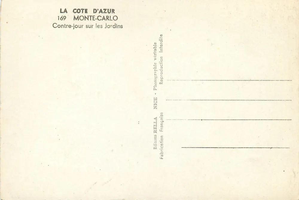 Gärten von Monte-Carlo — Rücklicht — Editions Rella, Nice - Rückseite