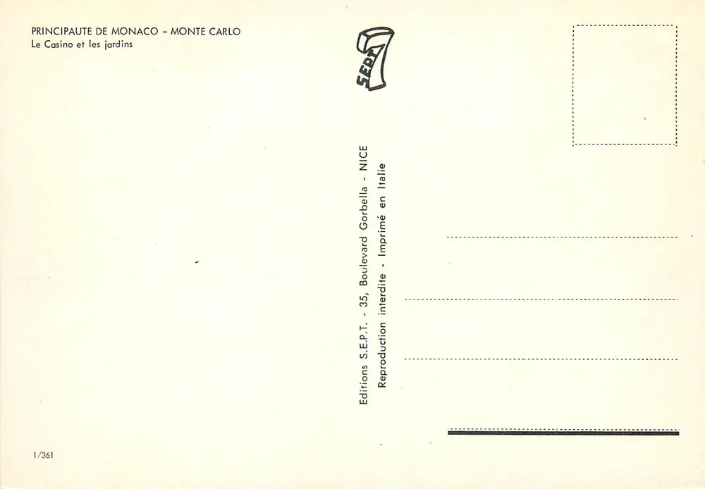 Casino de Monte-Carlo — Monaco — Editionen S.E.P.T. Nr. 1/361 - Rückseite