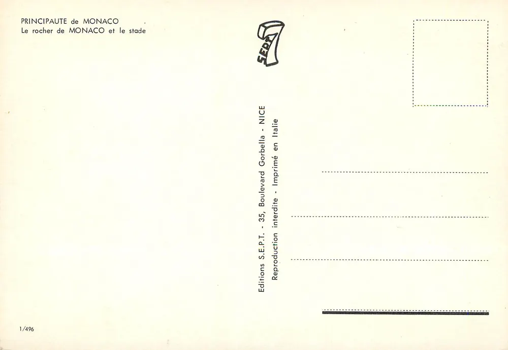 Monaco — Rocher von Monaco und das Stadion — Editions S.E.P.T. - 35, Boulevard Gorbella - Nice - Rückseite