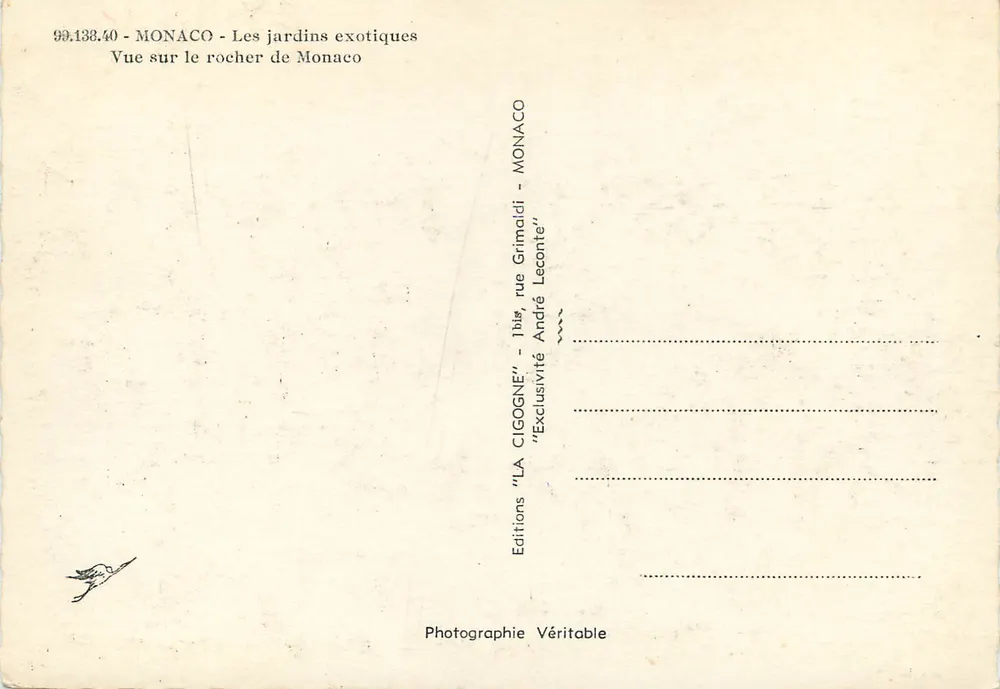 Monaco — Exotische Gärten — Blick auf den Felsen von Monaco — Editions LA CIGOGNE - Rückseite