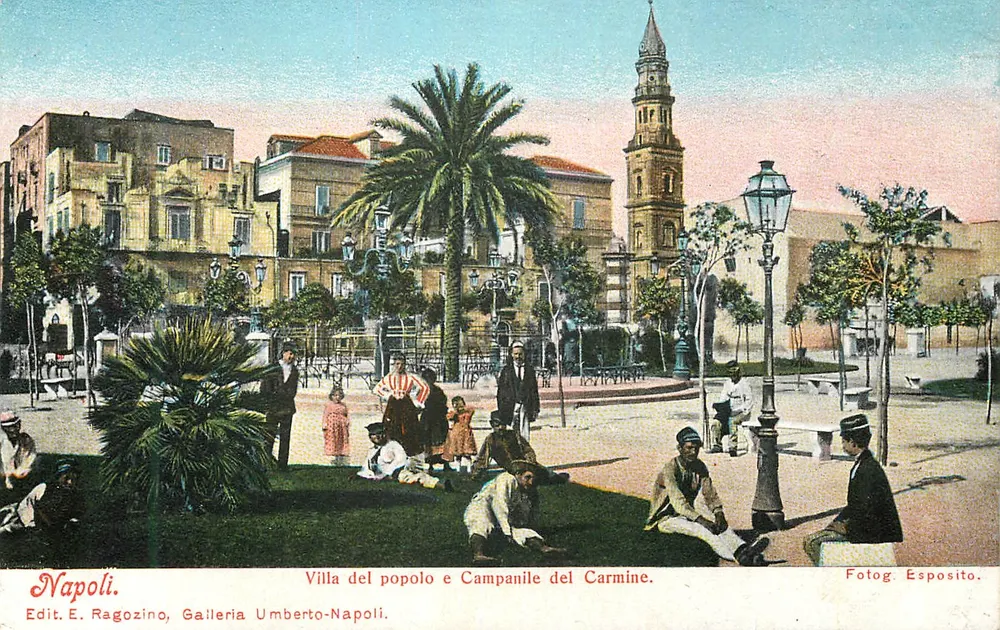 Villa del pueblo y Campanile del Carmine — Nápoles — Edit. E. Ragozino, Galería Umberto-Nápoles - Anverso