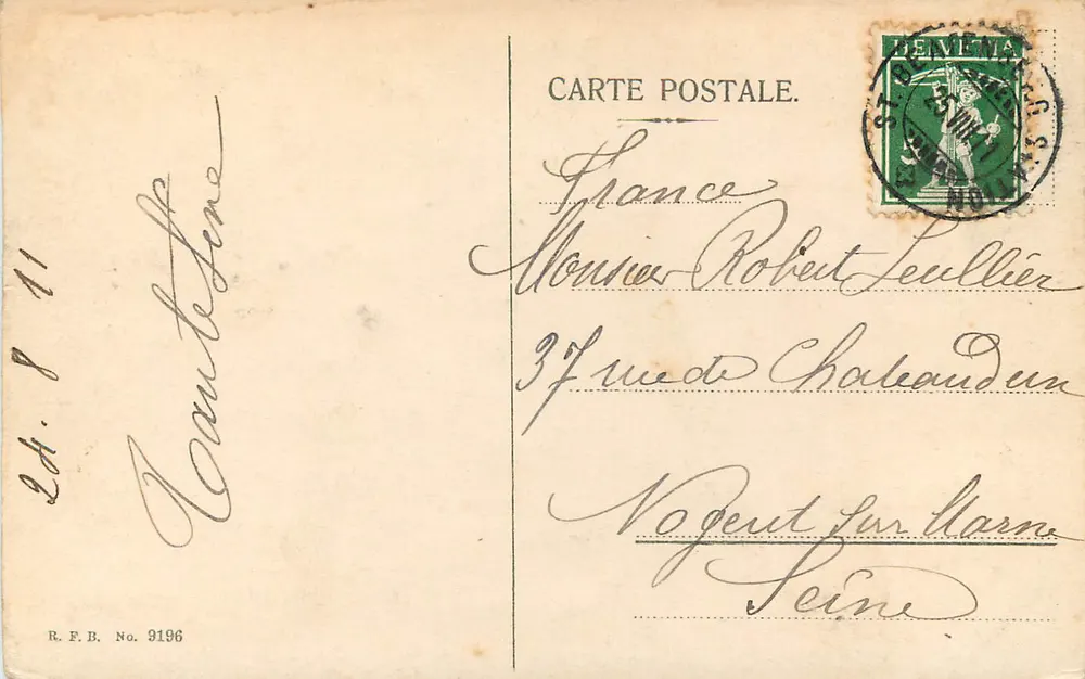 Vacas em um paisagem alpina — Editor R.F.B. No. 9196 - Verso