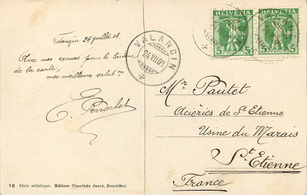 Nas Gorges da Areuse — Últimos raios — Série artística, Editor Timothée Jacot, Neuchâtel - Verso