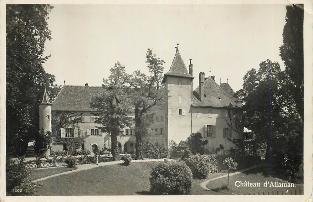 Castelo de Allaman — vista do castelo com jardim — Edição Art. Perrochet-Matille, S.A., Lausanne, n° 7302 - Frente