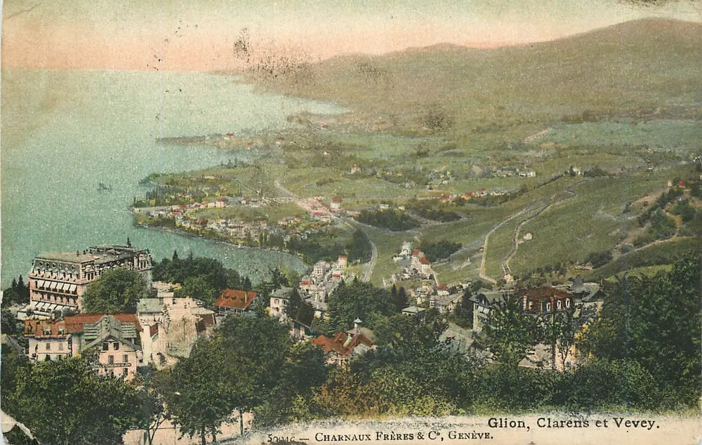 Glion, Clarens e Vevey — vista panorâmica — Charnaux Frères & C°, Genebra, n° 52016 - Frente