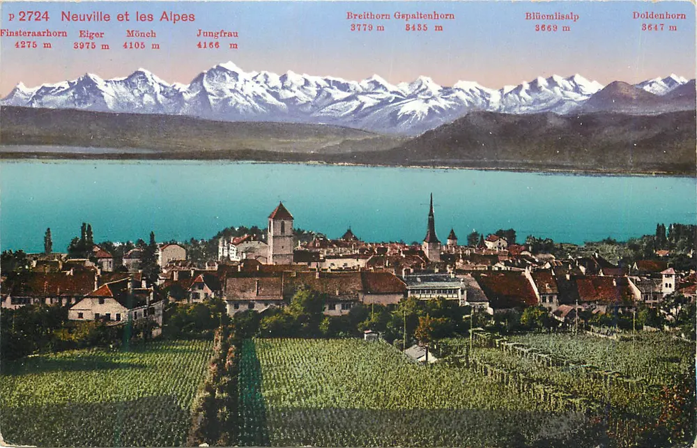 Neuville e as Alpes — vista do lago e das montanhas — Édition Photoglobe, n° p 2724 - Frente