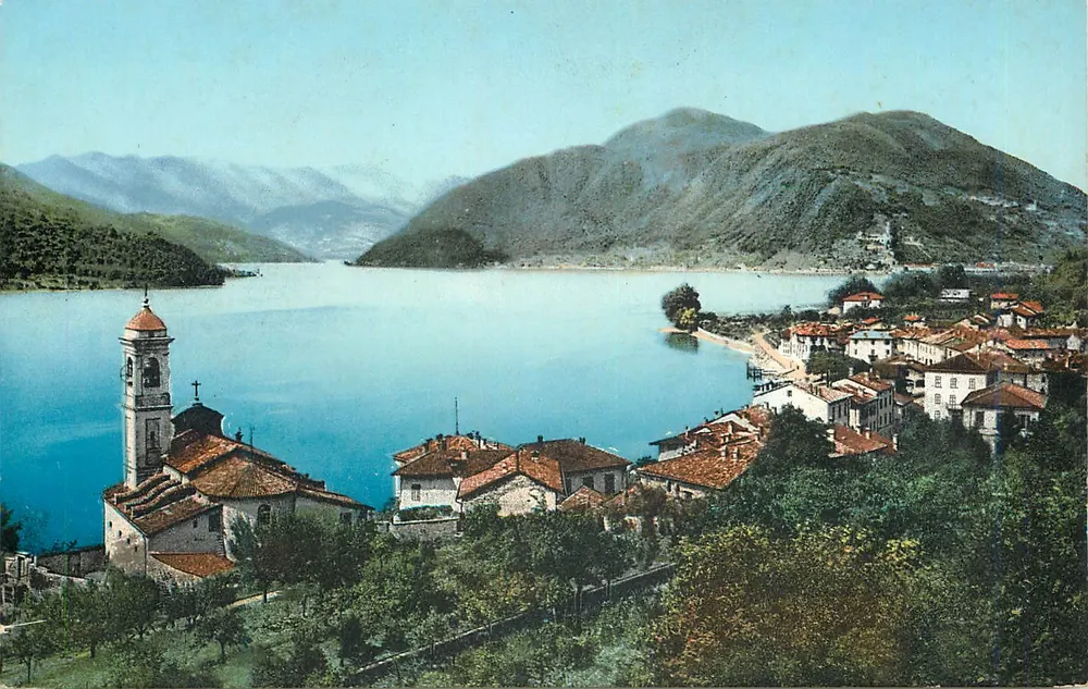 Lago di Lugano. Porto-Ceresio — Vista do lago e do vilarejo — E. Goetz, Fot., Luzern, n° 4181 - Frente