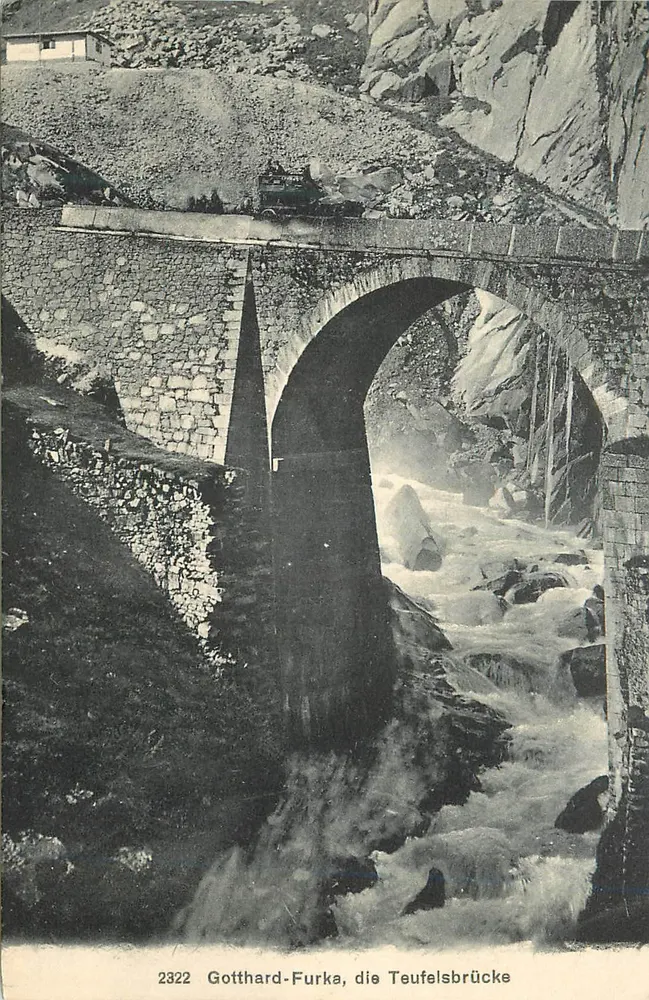 Gotthard-Furka, die Teufelsbrücke — Steinbrücke über einen Bach — Verlag Wehrli A.-G., Kilchberg, Zürich, Nr. 2322 - Vorderseite