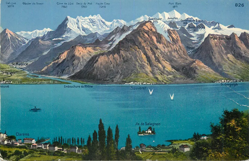 Vista do lago Léman e das Alpes — Mont Blanc e glaciares — editor Phototypie Co., Neuchâtel, n° 826 - Frente