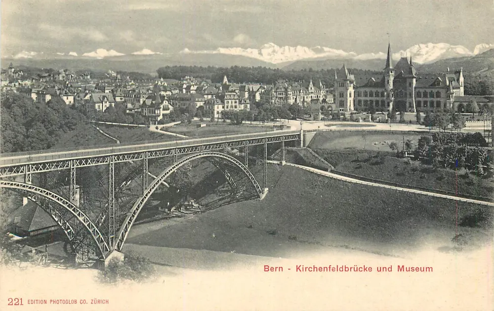 Bern - Kirchenfeldbrücke e Museu — Edição Photoglob Co. Zürich, n° 221 - Frente