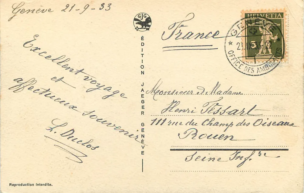 Genève - La Rade et le Mont-Blanc — Édition Jaeger n°4029 - Verso