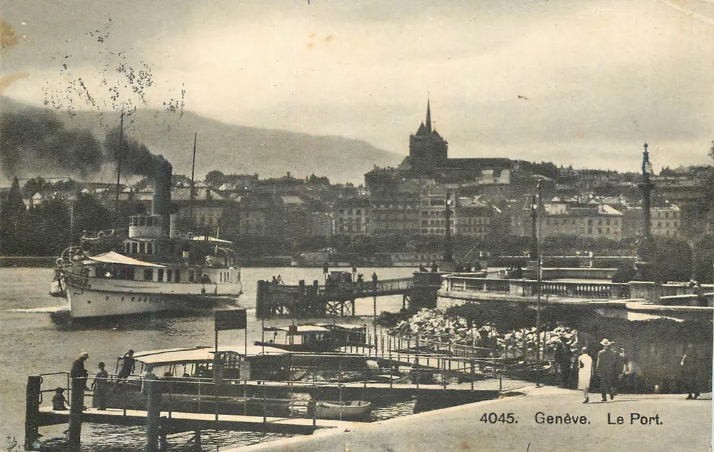 Genève. Het Haven — uitzicht op de haven met een stoomboot die rook uitlaat — Uitgave Jaeger, n° 4045 - Voorkant