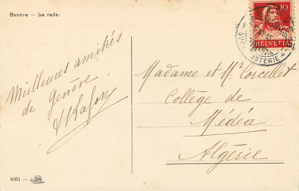 Genebra — A enseada. — Bilhete postal antigo n°6051, editor ASA - Verso