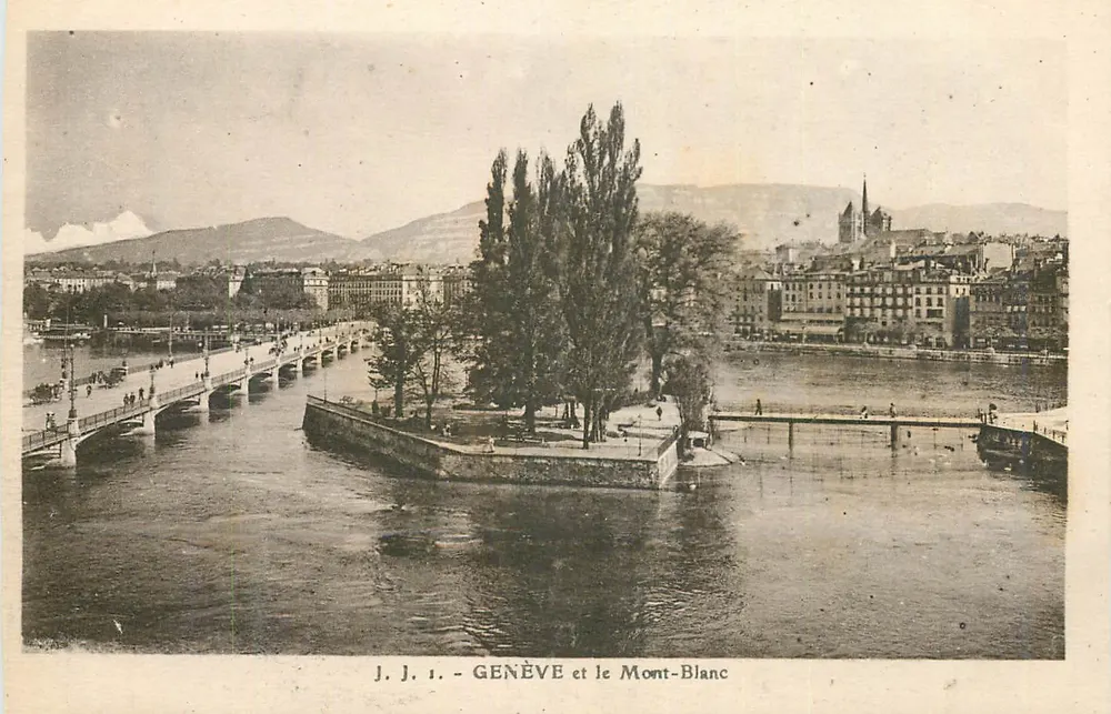 Genebra e o Monte Branco — vista do Rio Reno com ponte e ilha — J.J. n°1 - Frente