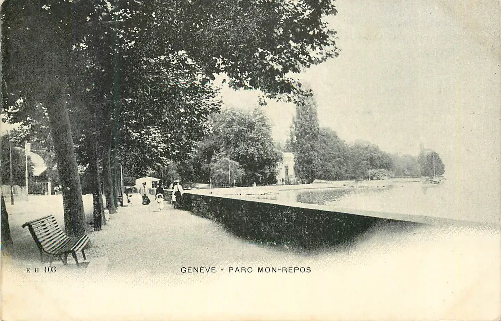 Genebra - Parc Mon-Repos — vista do lago com passeio e banco, editor E.H. n° 403 - Frente