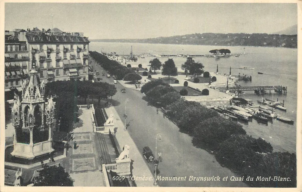 Genf. Denkmal Brunswick und Quai du Mont-Blanc — Verlag Jaeger Genf, Nr. 6009 - Vorderseite