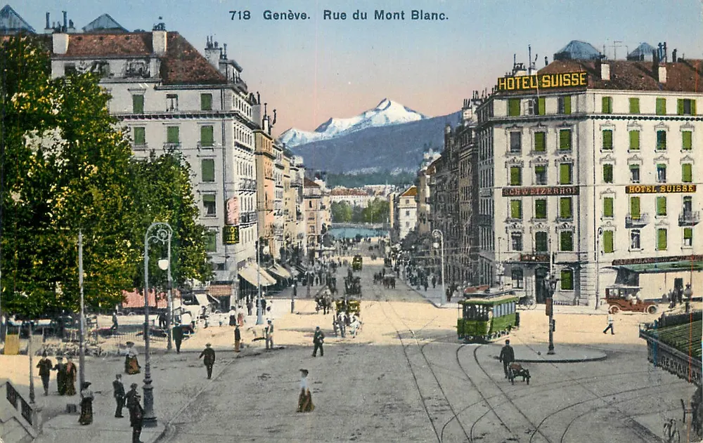 Genf. Rue du Mont Blanc — Ansicht des Hôtel Suisse mit Berg im Hintergrund — Phototypie Co., Neuchâtel, n°718 - Vorderseite
