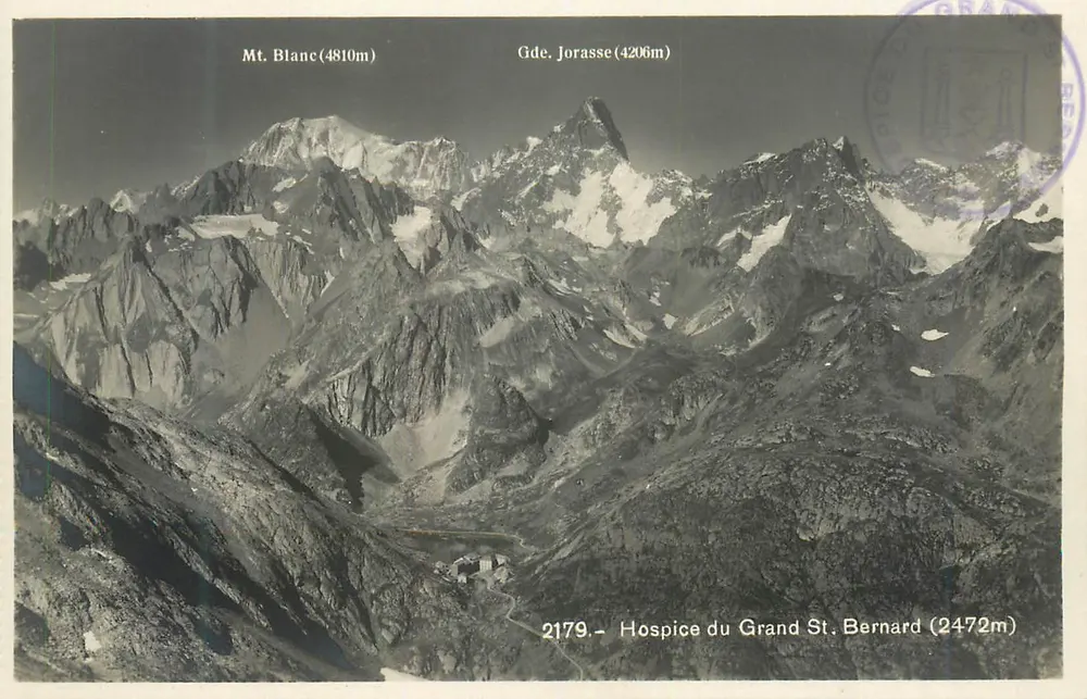 Vista das Alpes — Montanha Branca, Grande Jorasse, Hospício do Grande São Bernardo — Sociedade Gráfica Neuchâtel - Frente