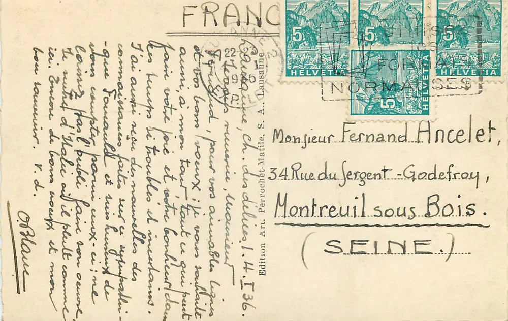 Lausanne — La Gare et les Alpes — Edition Art. Perruchet, S.A. Lausanne - Verso