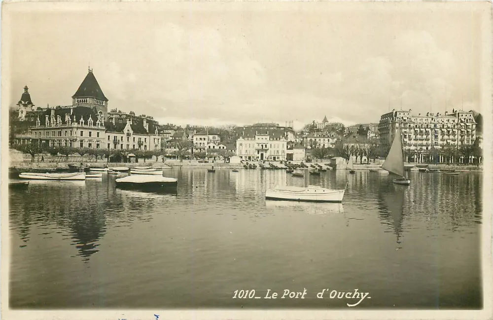 O Portão de Ouchy — vista do lago com barcos — Édit. Art. D. Vouimard, Lausanne, n° 1010 - Frente