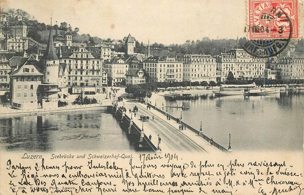 Luzern. Seebrücke und Schweizerhof-Quai — Vista da cidade e do quai — Fot. Luzern, N° 309 - Frente