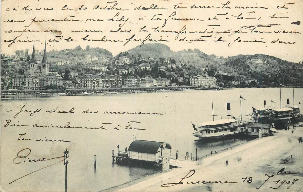 Vista de Lucerna — lago e cais com barcos — editor W. Zimmermann-Straessler, Lucerna - Frente