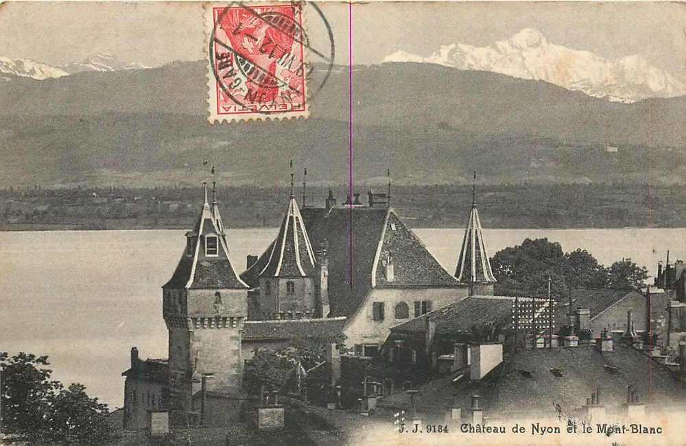 Castello di Nyon e il Monte Bianco — J.J. 9184 — Julllien frères, Ginevra - Recto