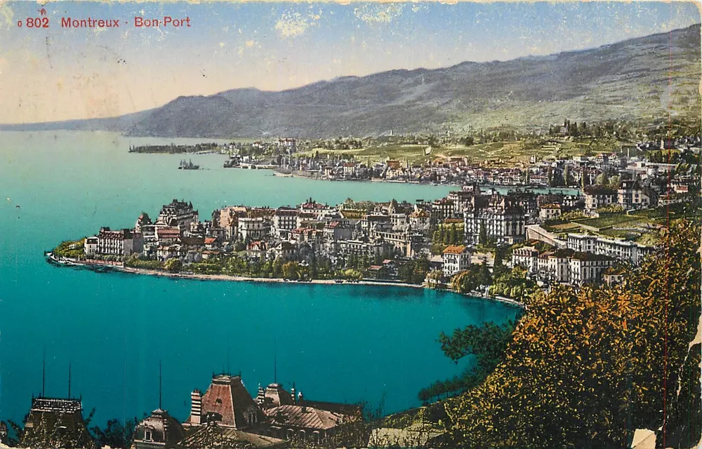 Montreux - Bon Port — vista panorâmica do lago Léman — Edição Photoglo Zurique n°802 - Frente
