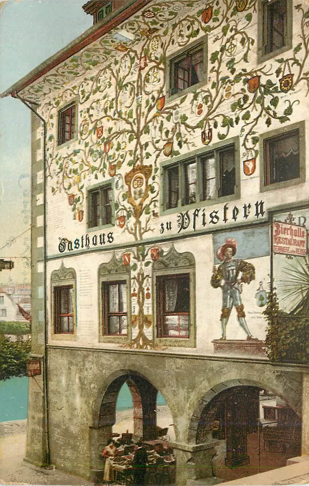 Gasthaus zu Pfistern — fachada decorada com uma árvore da vida — E. Goetz, n° 4081 - Frente