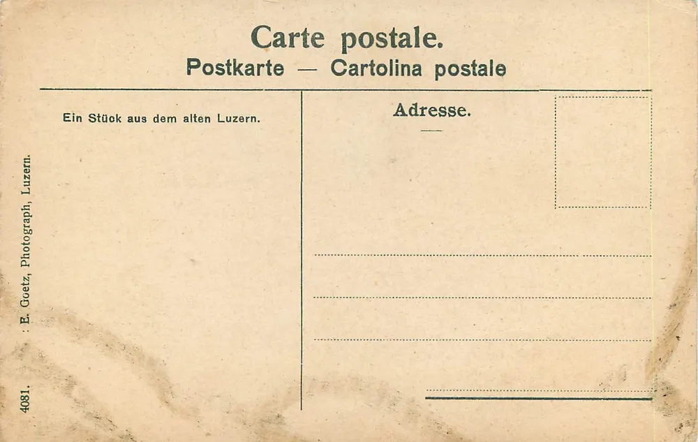 Gasthaus zu Pfistern — fachada decorada com uma árvore da vida — E. Goetz, n° 4081 - Verso