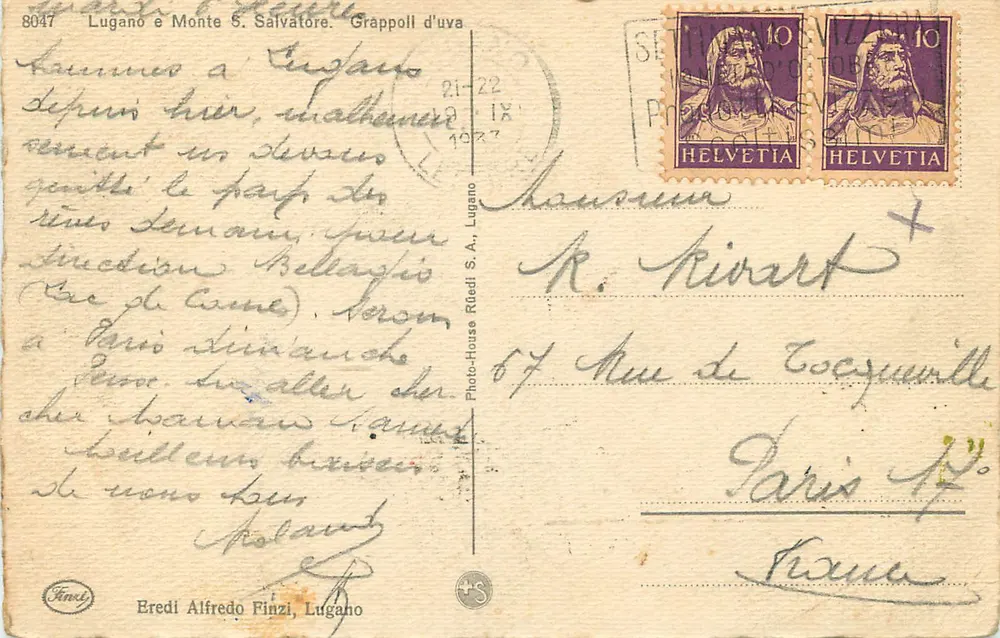 Lugano e Monte S. Salvatore — Grappoli d'uva — Eredi Alfredo Finzi, Lugano - Verso