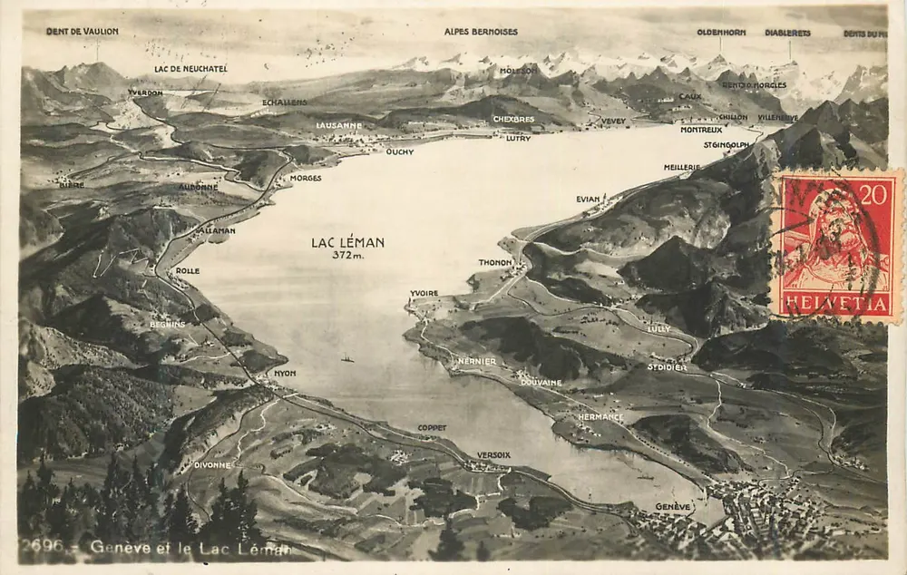 Geneva e o Lago Léman — vista aérea — Sociedade Gráfica Neuchâtel n°2696 - Frente