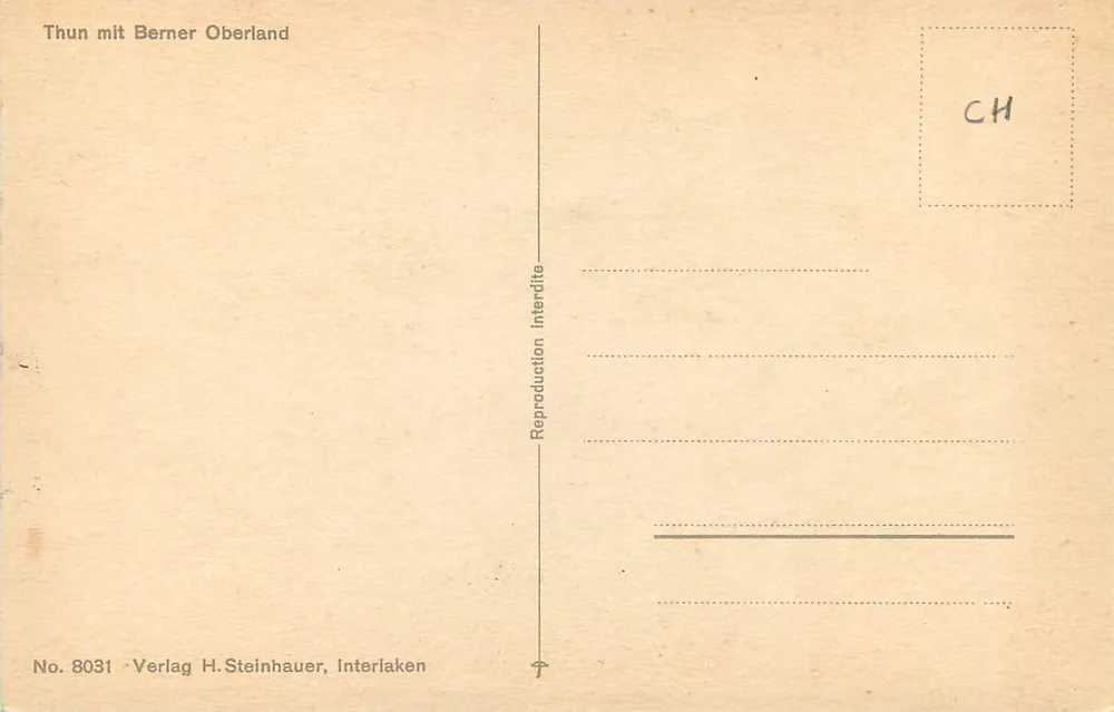 Thun mit Berner Oberland — illustrierte Ansichtskarte — Verlag H. Steinhauer, Interlaken - Rückseite