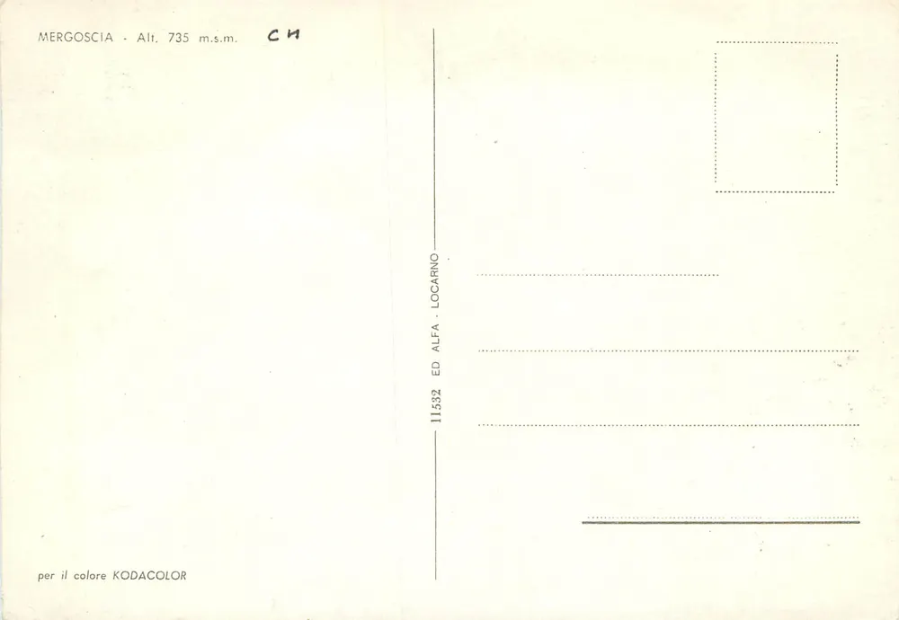Mergoscia — aldeia alpina — editor Alfa Ed Locarno, n° 11532 - Verso