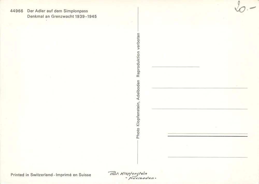 Aquila sul Passo del Simplon — Monumento alla Guardia di confine 1939–1945 — Foto Klopfenstein, n° 44966 - Verso