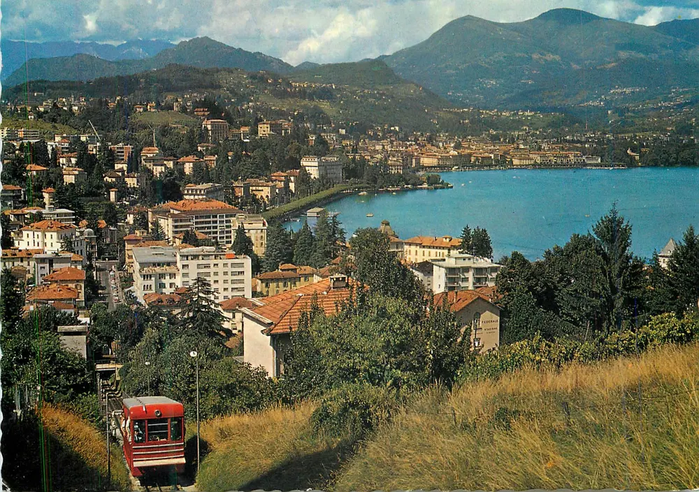 Lugano-Paradieso — panoramiczny widok jeziora z teleferykiem — wydawca A. Kiener, Schwanden/GL, n° 2105 - Awers
