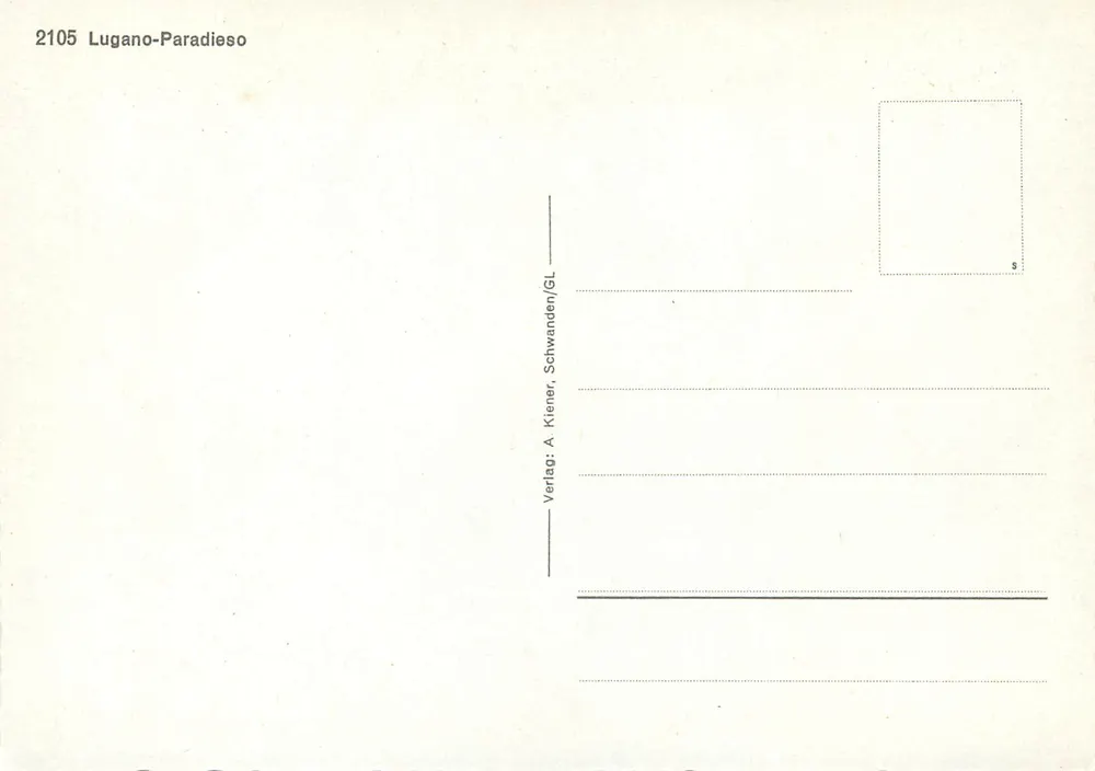 Lugano-Paradieso — panoramiczny widok jeziora z teleferykiem — wydawca A. Kiener, Schwanden/GL, n° 2105 - Rewers